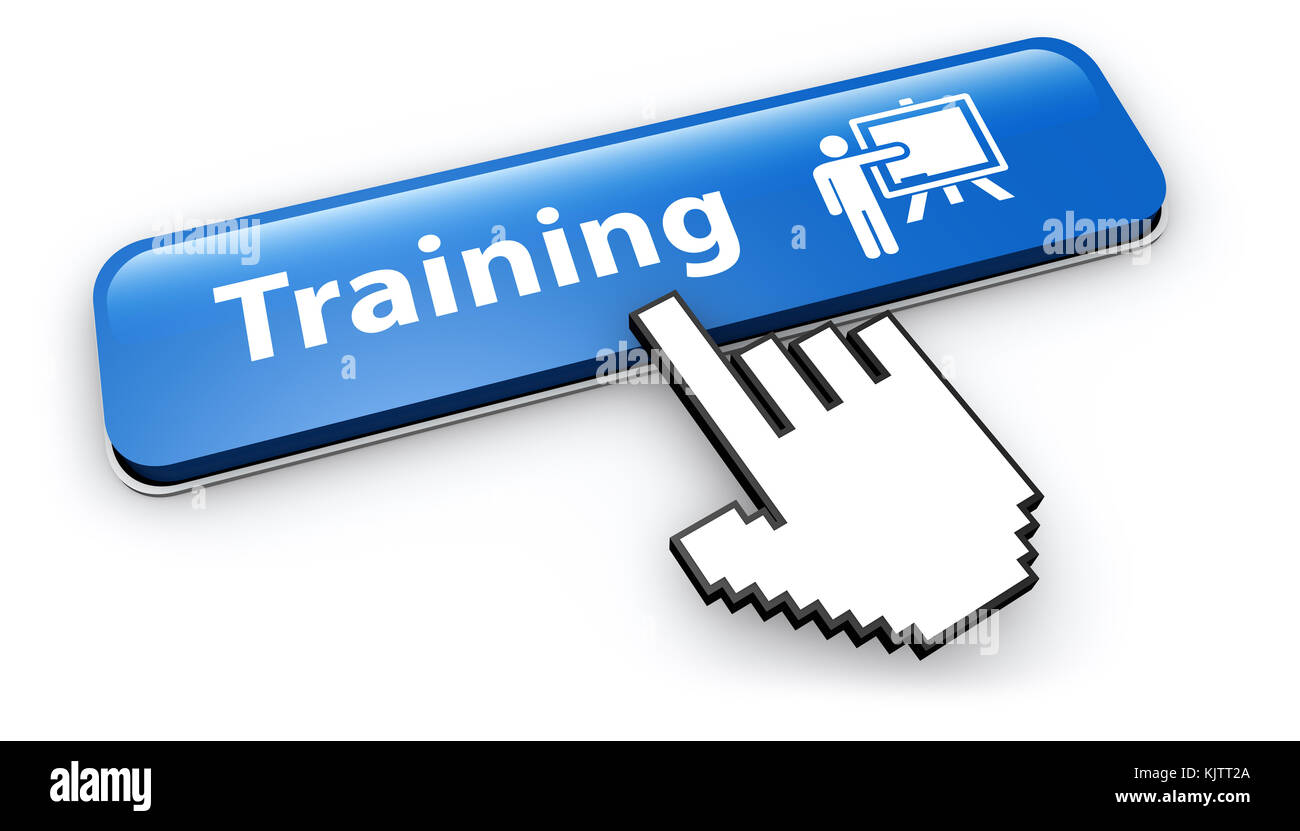 Icona di formazione e segno sul pulsante web blu con il cursore a mano fare clic online concetto di formazione 3D illustrazione su sfondo bianco. Foto Stock