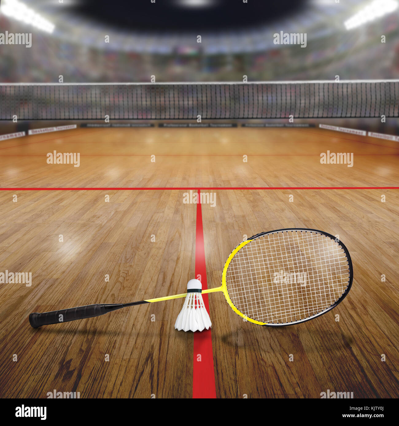 Arena sportiva con badminton racchetta e volano su pavimenti in legno corte. deliberata concentrarsi sulle attrezzature e profondità di campo sullo sfondo. flo Foto Stock
