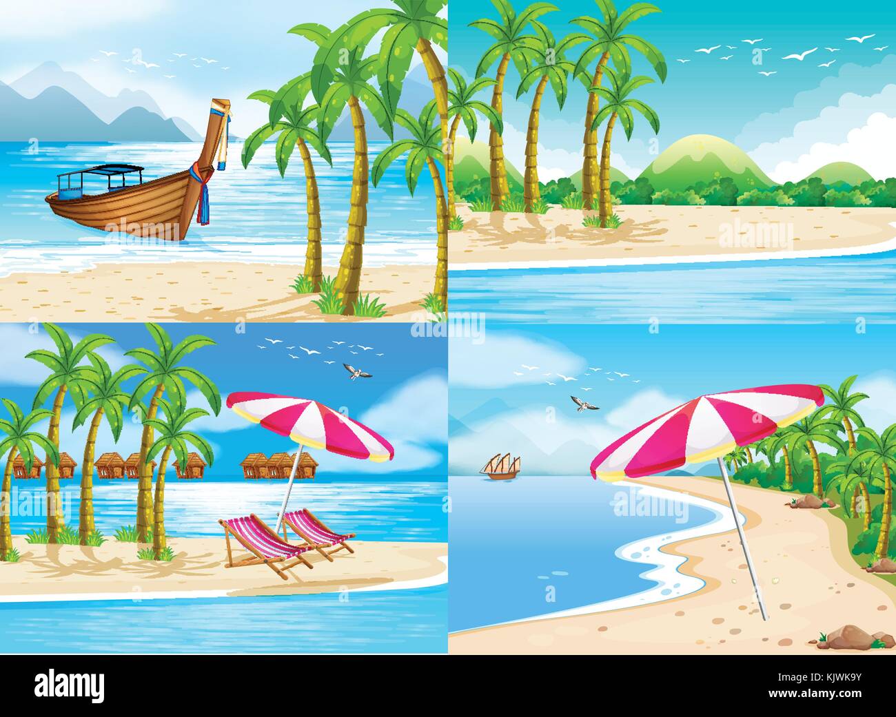Quattro scene oceano con alberi di noce di cocco illustrazione Illustrazione Vettoriale