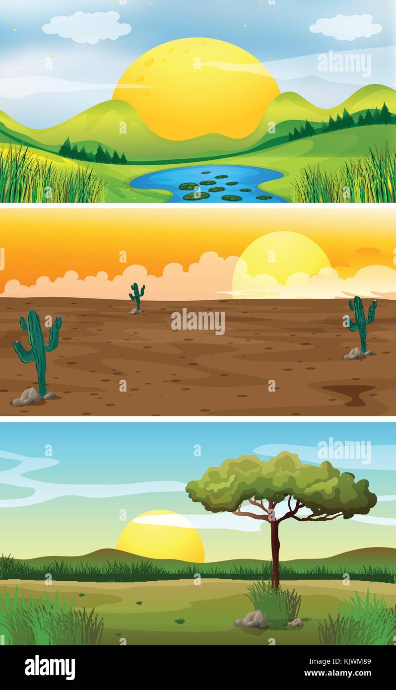Tre scene di sfondo al tramonto immagine Illustrazione Vettoriale