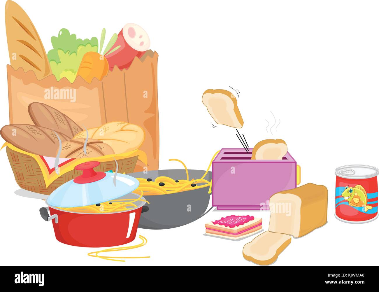 Diversi tipi di cibo con verdure e pasta illustrazione Illustrazione Vettoriale