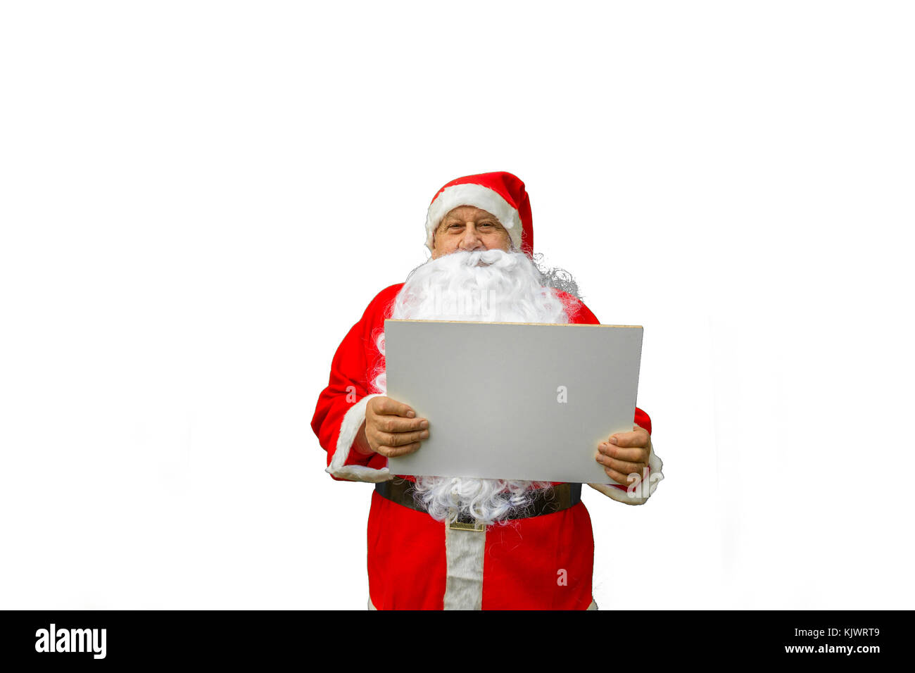 Babbo Natale mostra blank cartello isolato su sfondo bianco Foto Stock
