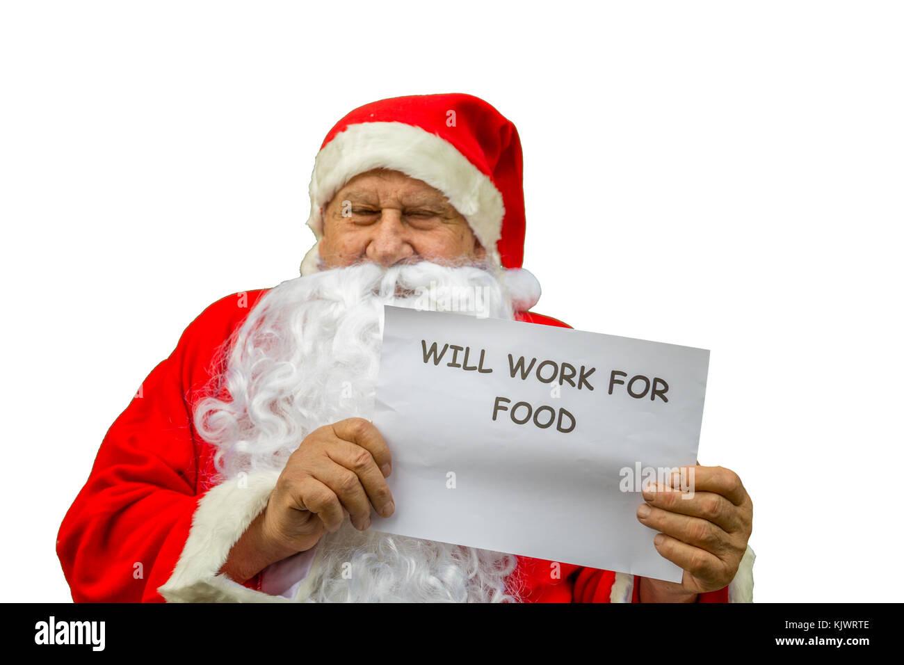 Babbo Natale mostra cartello con scritto una frase, funzionerà per cibo, isolati su sfondo bianco Foto Stock