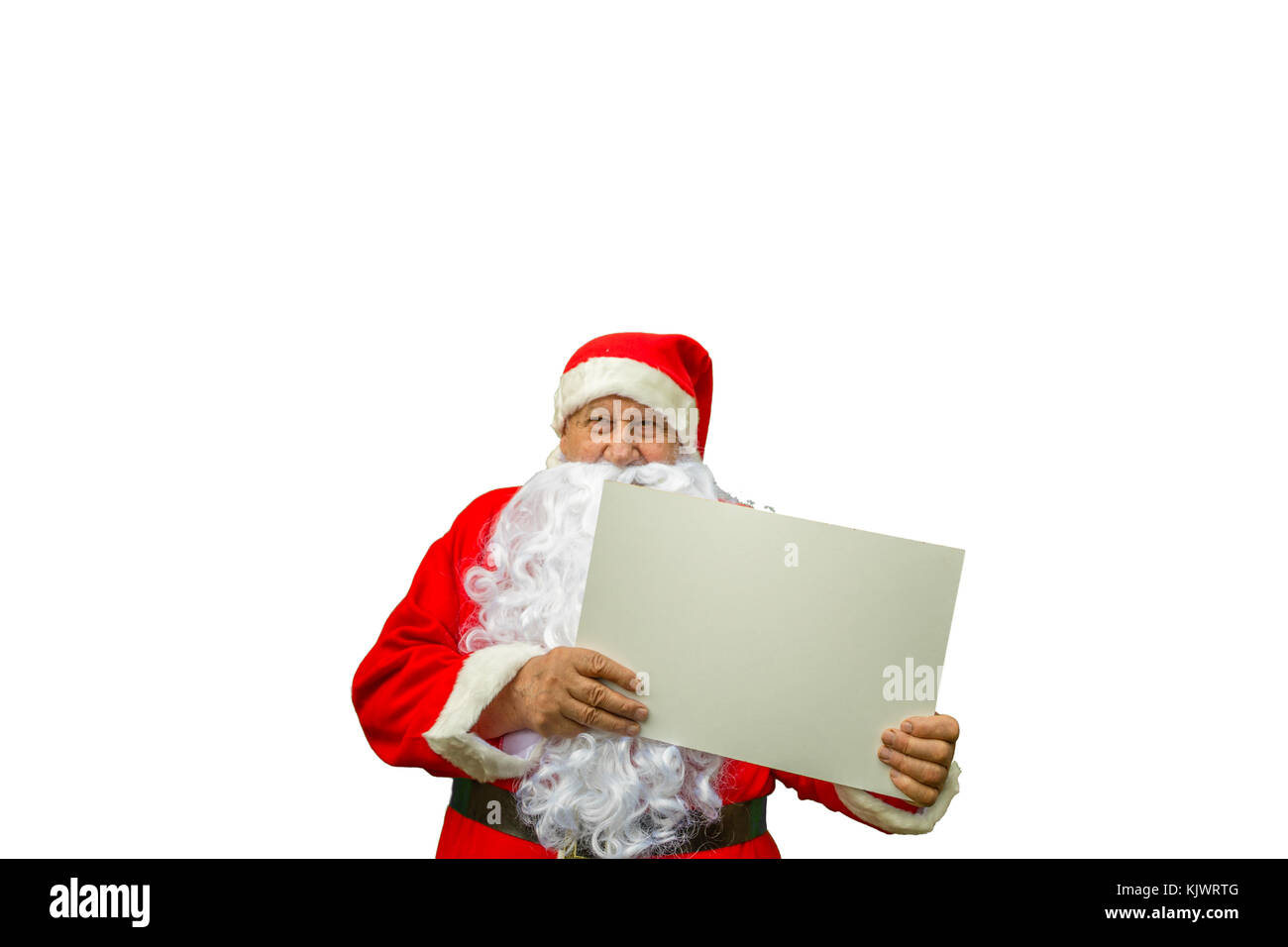 Babbo Natale mostra blank cartello isolato su sfondo bianco Foto Stock