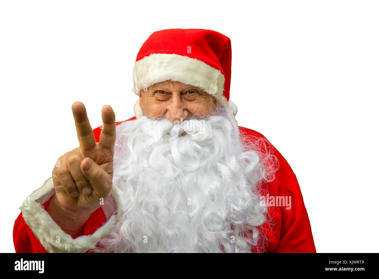 Babbo Natale che mostra due dita come segno di vittoria isolati su sfondo bianco Foto Stock