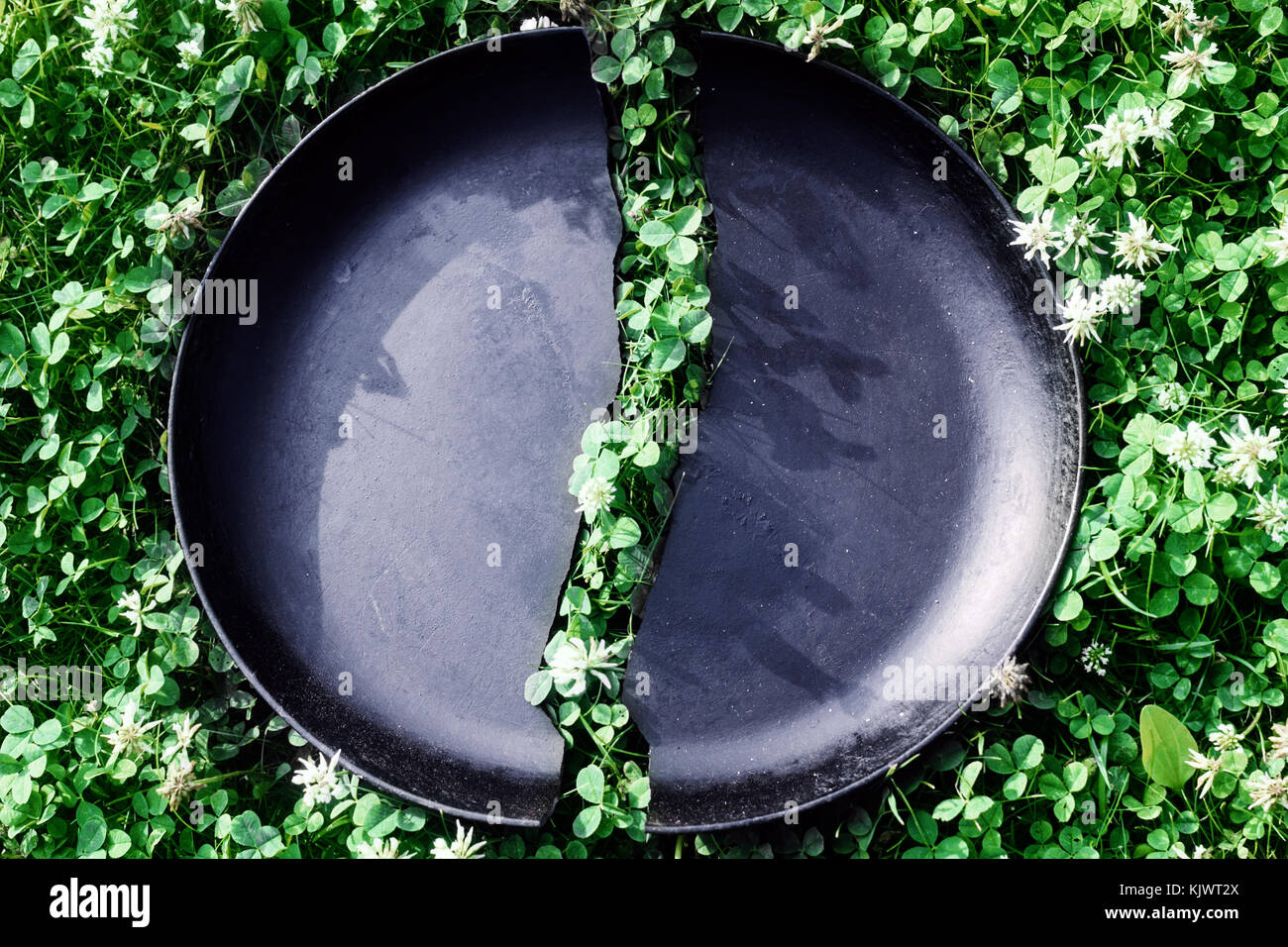 Nero ghisa padella in metà sull'erba verde Foto Stock