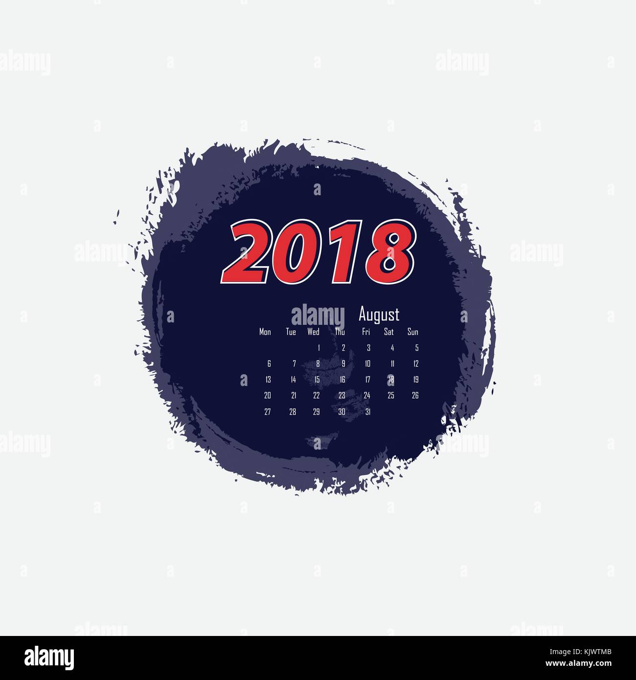 Agosto 2018 Calendario modello.inizia dal lunedì.illustrazione vettoriale. Illustrazione Vettoriale