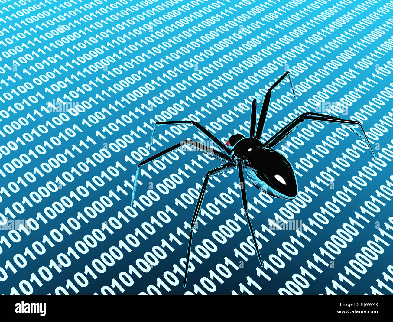 Pericolo - penetrazione in un computer di un virus da Internet. Robot metallico - ragno sulla superficie con codice binario. rendering 3d. Foto Stock