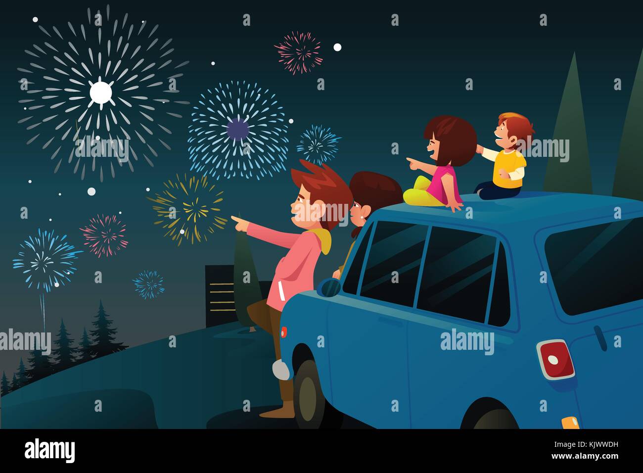 Una illustrazione vettoriale della famiglia guardare i fuochi d'artificio per capodanno Illustrazione Vettoriale