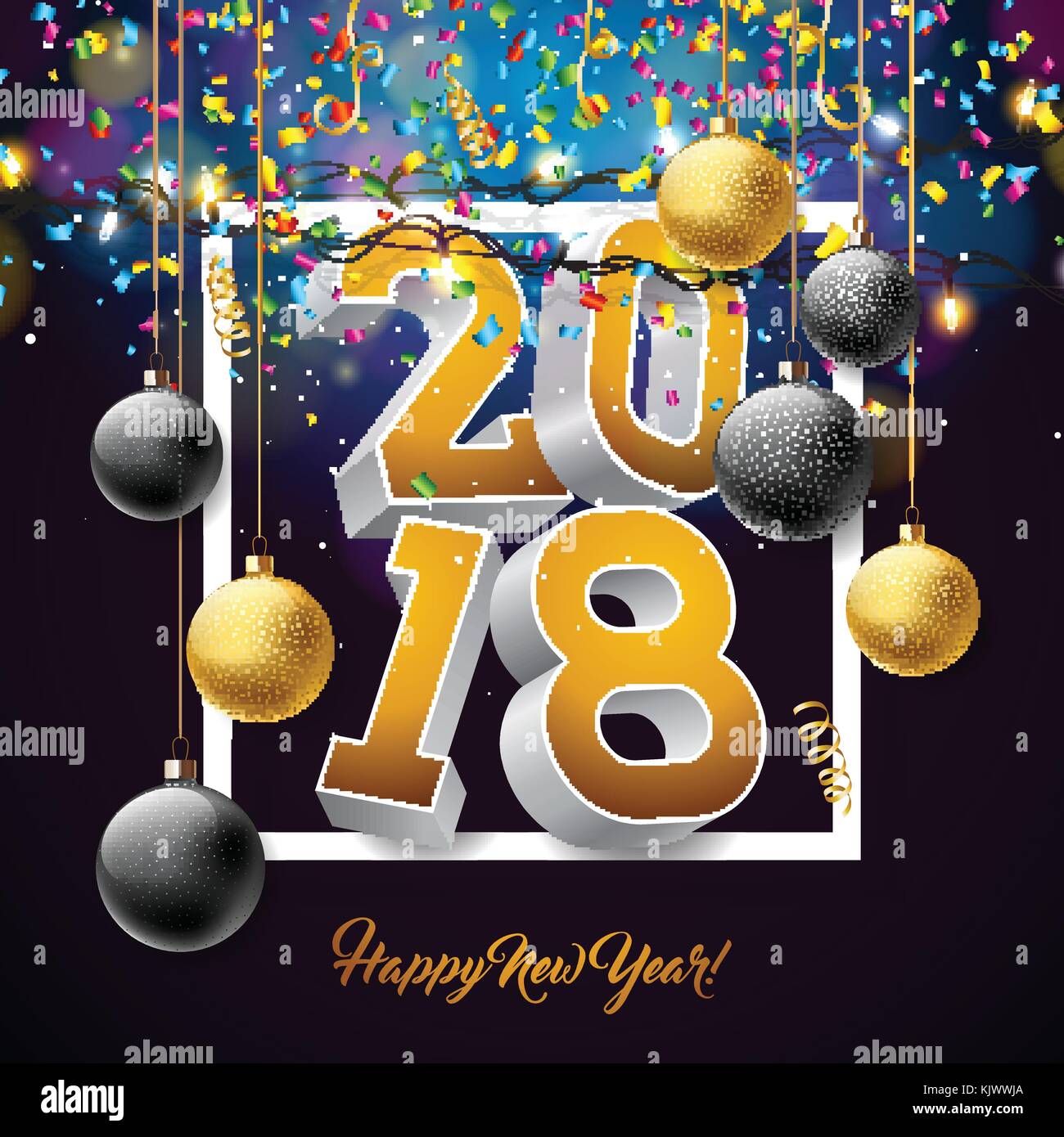 Vector felice anno nuovo 2018 illustrazione con 3d numero, caduta di coriandoli e sfera ornamentali su sfondo lucido. eps10. Illustrazione Vettoriale