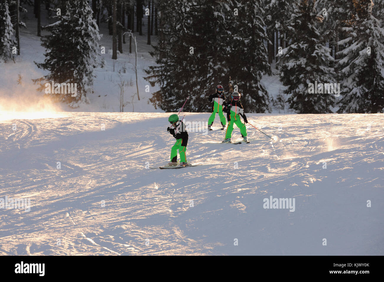 Tre bambini in tuta verde sciare giù per il pendio. vista della coperta di neve sulle piste da sci in montagna. sul lato sono installate reti di sicurezza. Foto Stock