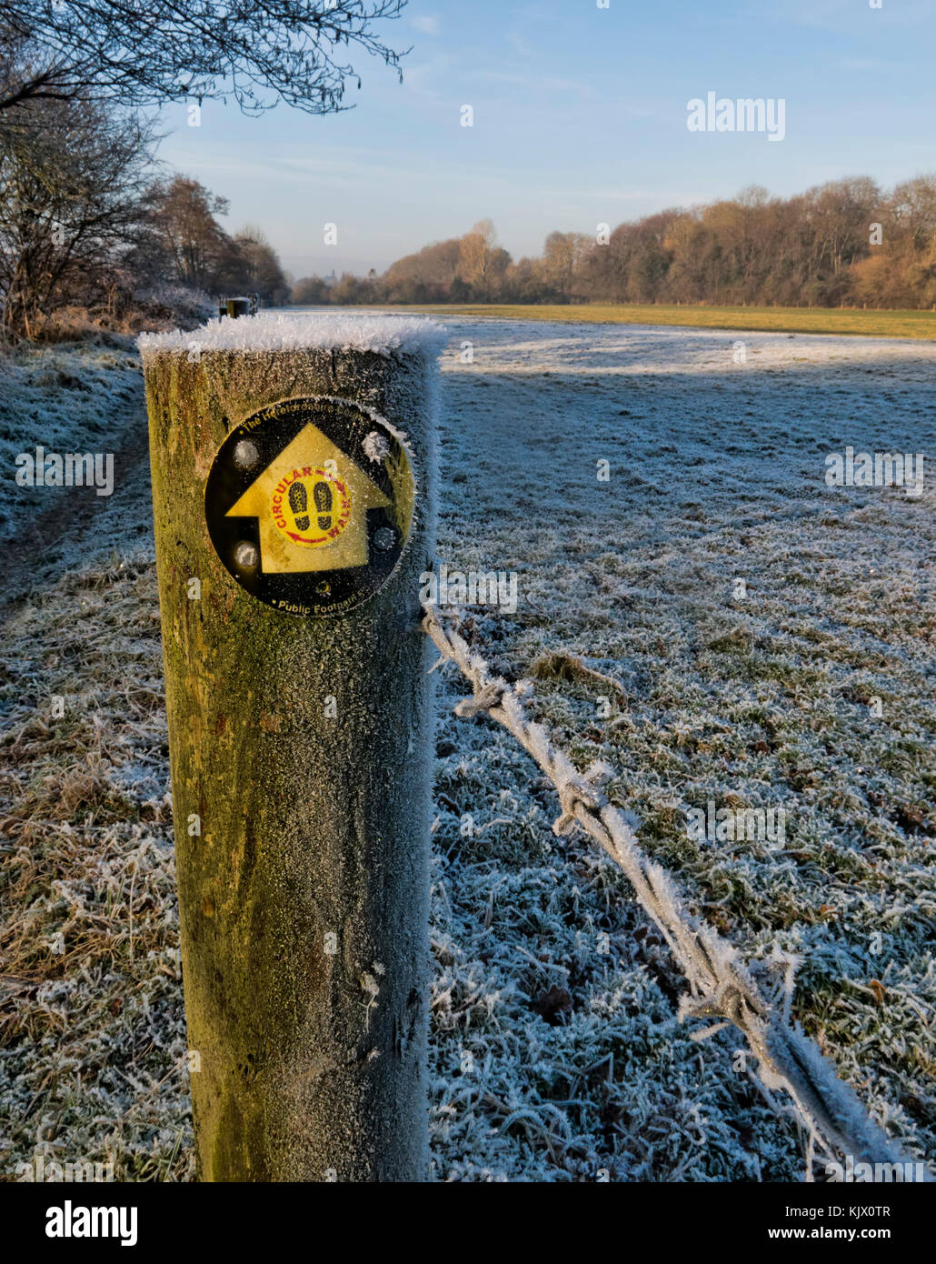 Inverno gelido scena mostrando un fencepost con un sentiero marcatore Foto Stock