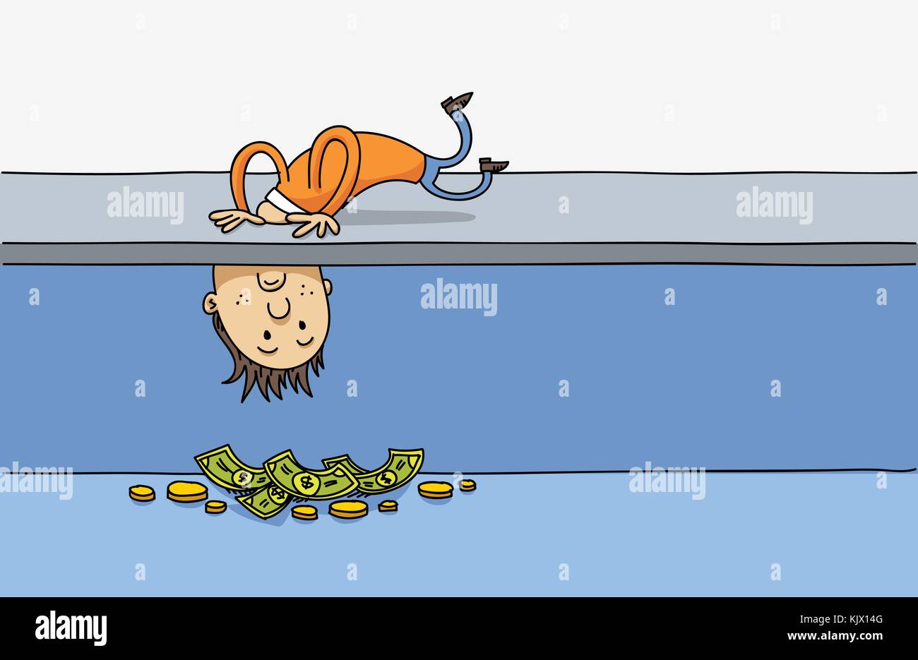 Un cartoon uomo disteso sul terreno, prendendo la sua testa in basso un foro e guardando alla cassa e battere moneta metropolitana. Illustrazione Vettoriale