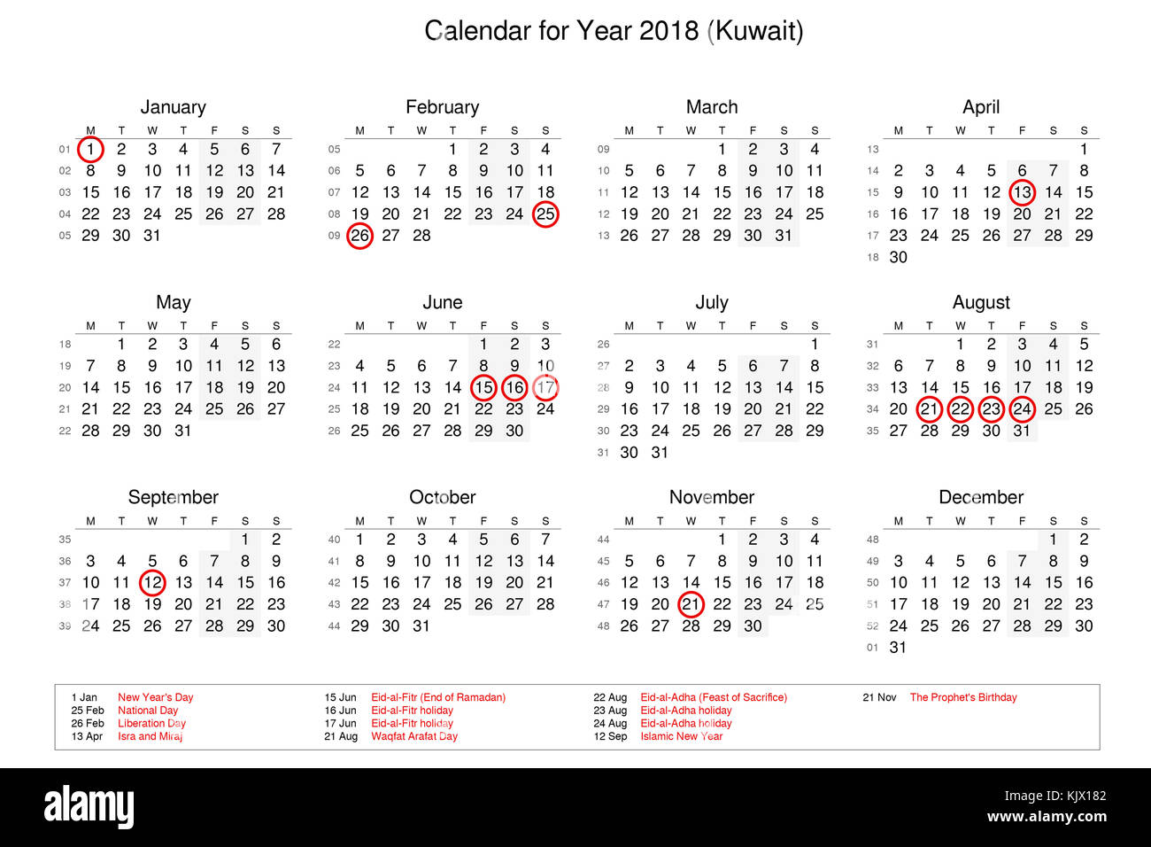 Calendario dell'anno 2018 con festività pubbliche e festività per il Kuwait Foto Stock