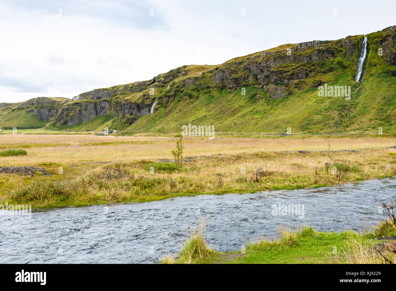 Viaggio in Islanda - Riva del fiume seljalands vicino a cascata seljalandsfoss in katla geoparco in Atlantico islandese costa sud nel mese di settembre Foto Stock