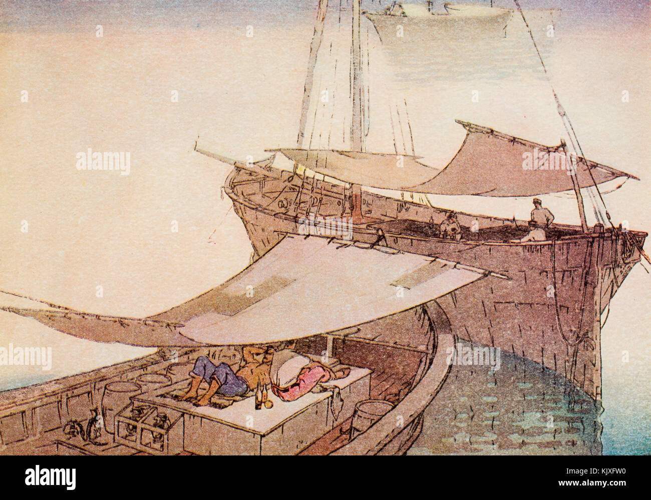 Illustrazione dei mezzitoni di colore xilografia, marinai in appoggio in ombra della vela in metà giorno il calore Foto Stock