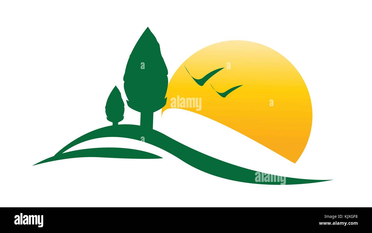 Alberi con Sun e illustrazione di uccelli, simbolo design, isolati su sfondo bianco. Illustrazione Vettoriale