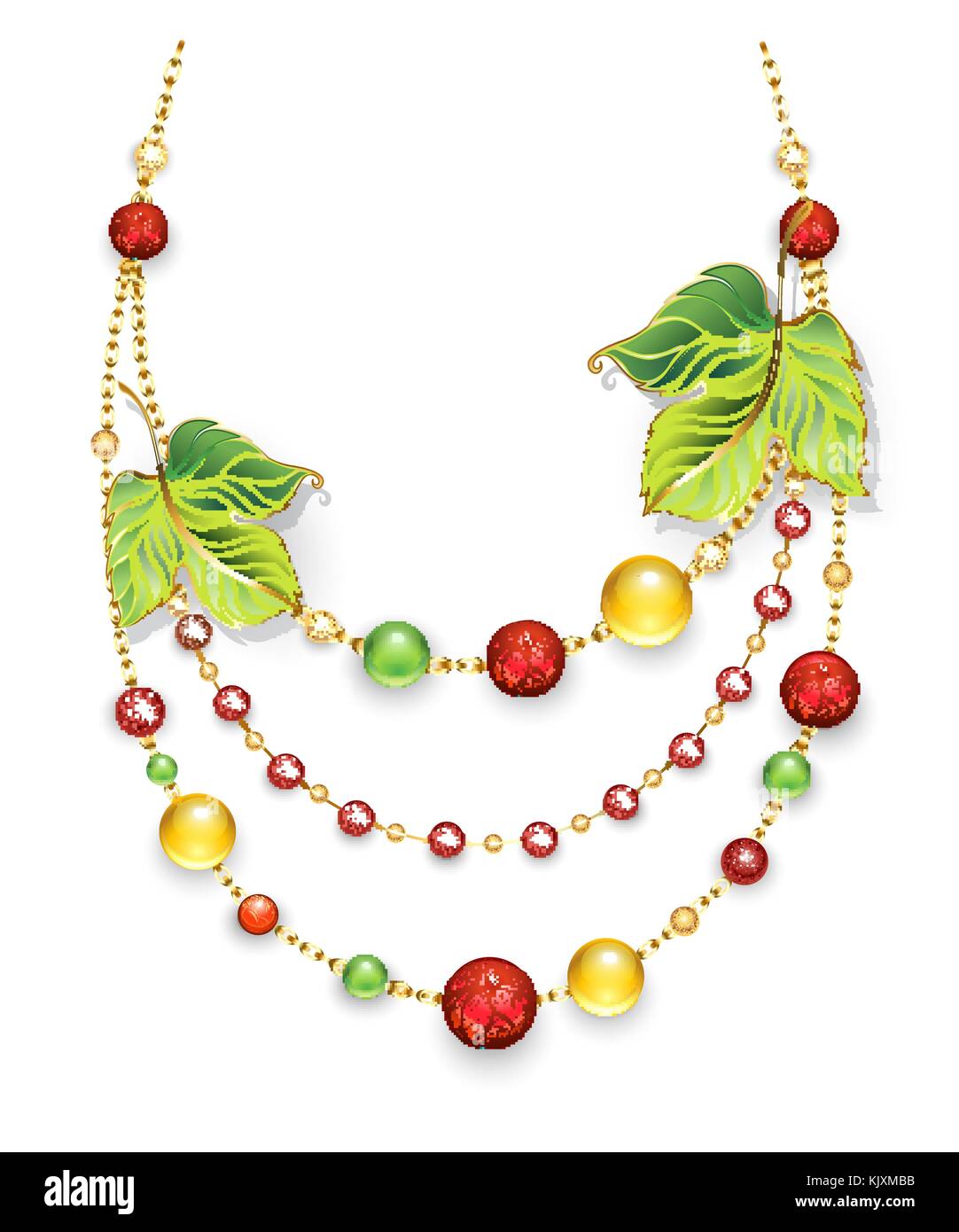 Collana in oro catene, decorato con verde, foglie di autunno e verde, rosso, arancione a cordoni di pietra preziosa su uno sfondo bianco. progettazione Illustrazione Vettoriale