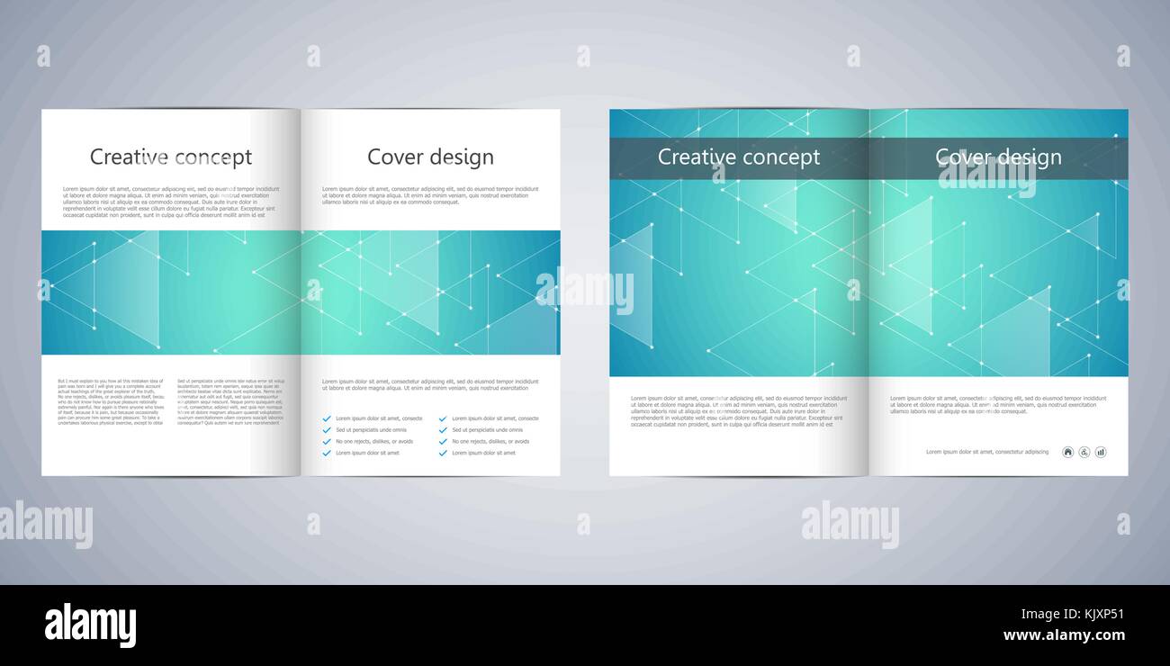 Bi-fold brochure aziendale modello con sfondo astratto. Grafica geometrica e le tubazioni collegate con punti. Medico, scientifico e tecnologico di c Illustrazione Vettoriale