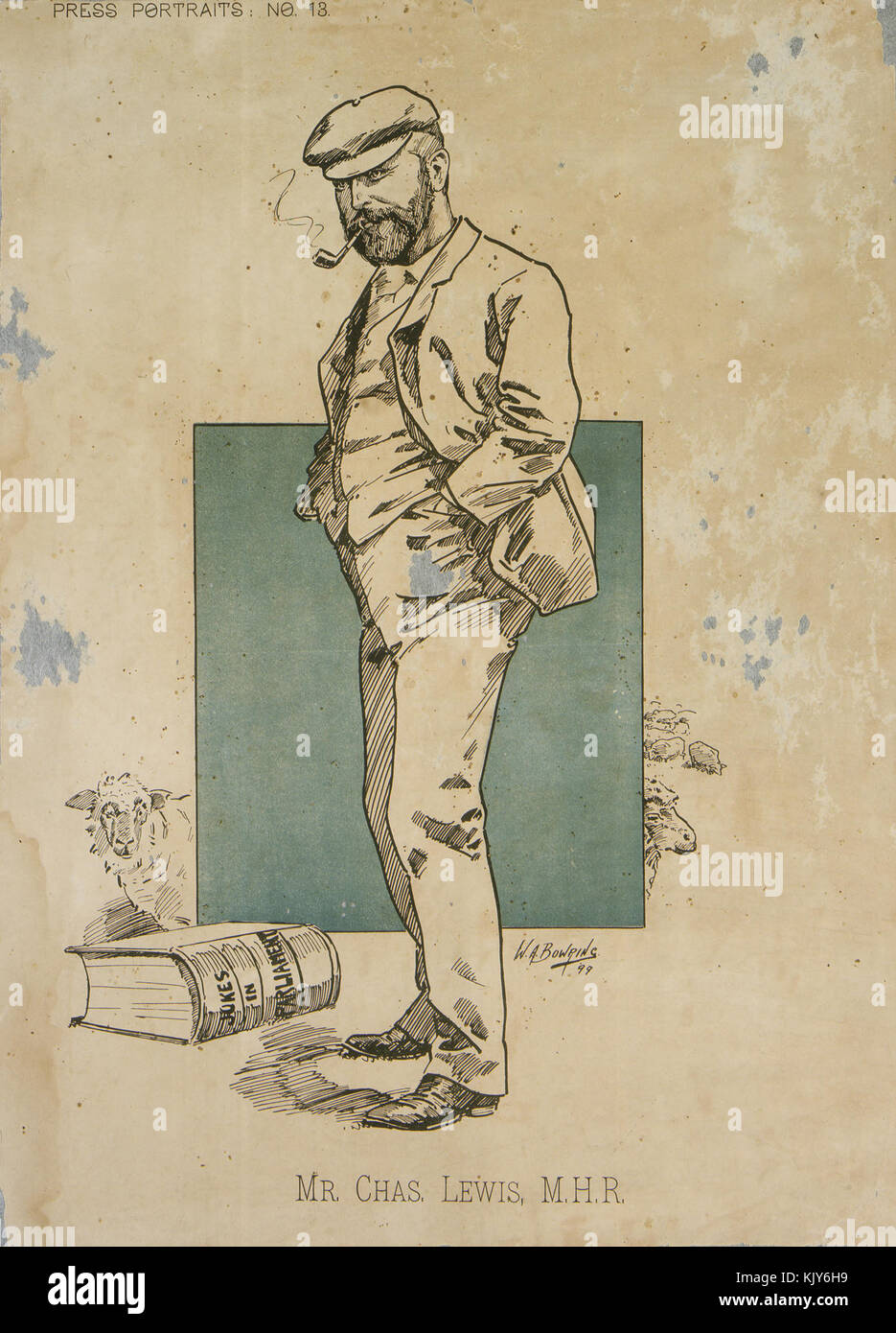 Un ritratto caricaturale di Charles Lewis, che enfatizza le caratteristiche esagerate in uno stile comico e artistico. L'immagine cattura l'essenza del soggetto in modo artistico ma umoristico. Foto Stock