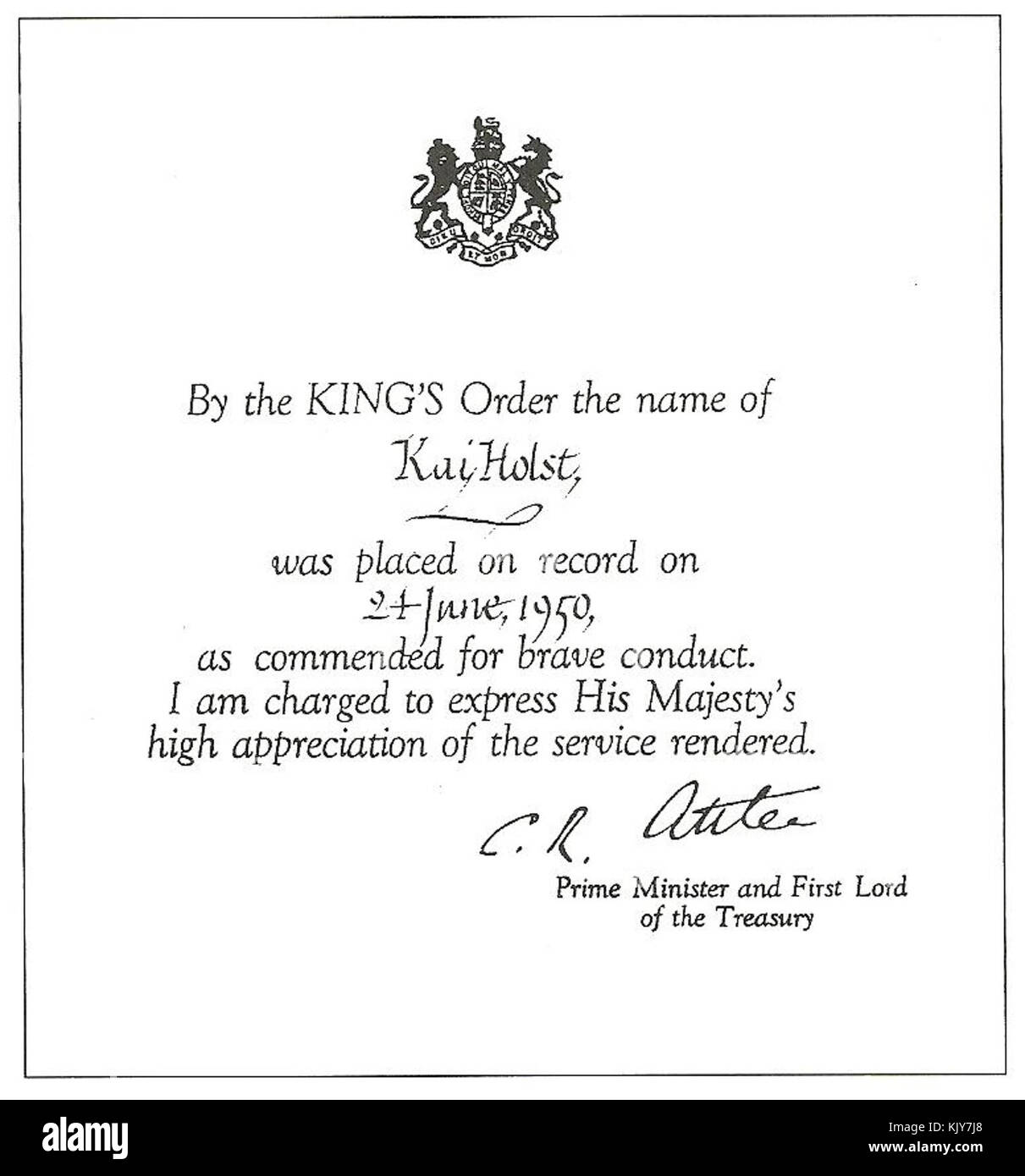 L'immagine commemora il riconoscimento di Kai Holst per la condotta coraggiosa, conferito dal re del Regno Unito. Holst fu riconosciuto per il suo valore, riflettendo le sue illustri azioni e il servizio militare. Foto Stock