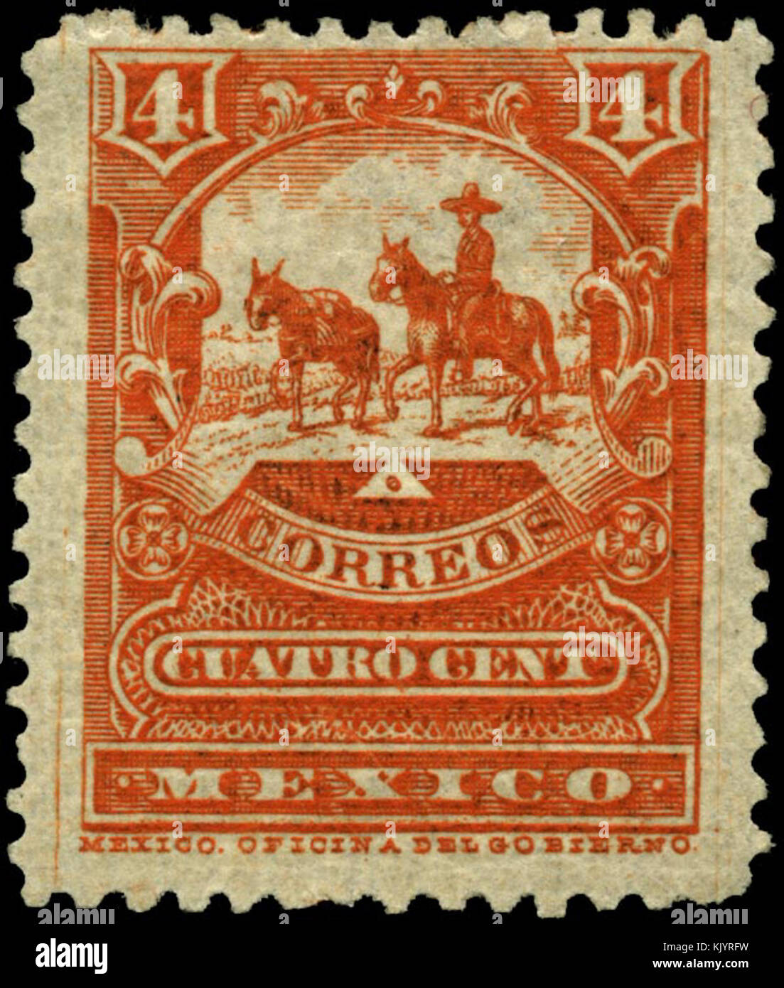 Un francobollo dal Messico, emesso nel 1895, con un valore di 4 centesimi in arancione-rosso, che mostra il primo sistema postale. Foto Stock