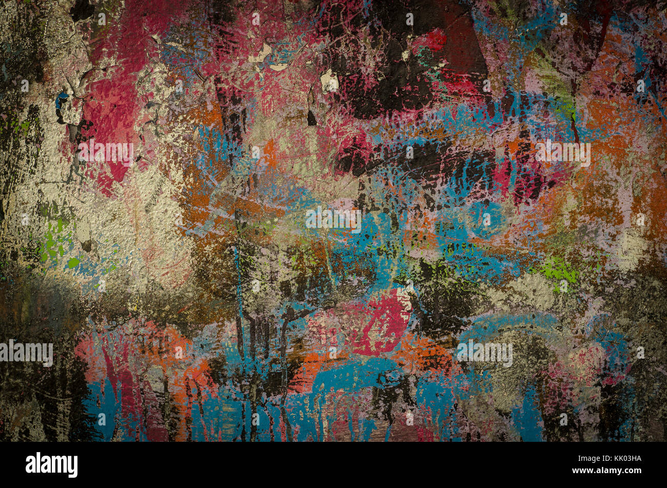 Arte moderna in stile contemporaneo simile a jackson Pollock dipinto astratto, come John scudiero da Stone Roses, trovati in graffiti in una rampa di skate park Foto Stock