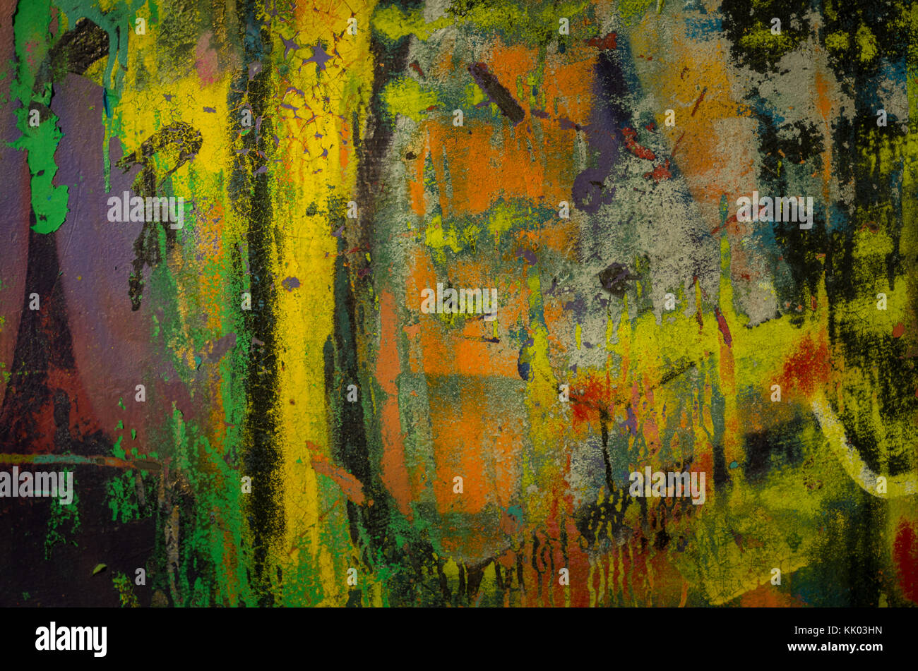 Arte moderna in stile contemporaneo simile a jackson Pollock dipinto astratto, come John scudiero da Stone Roses, trovati in graffiti in una rampa di skate park Foto Stock