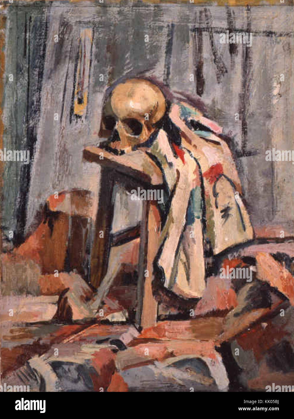 La "natura morta con un teschio" di Nakamura Tsune è un notevole esempio del suo lavoro, concentrandosi sulla giustapposizione della vita e della morte attraverso oggetti di uso quotidiano. È ospitato nel mie Prefectural Art Museum e dimostra la maestria di Tsune nella composizione e nel simbolismo. Foto Stock