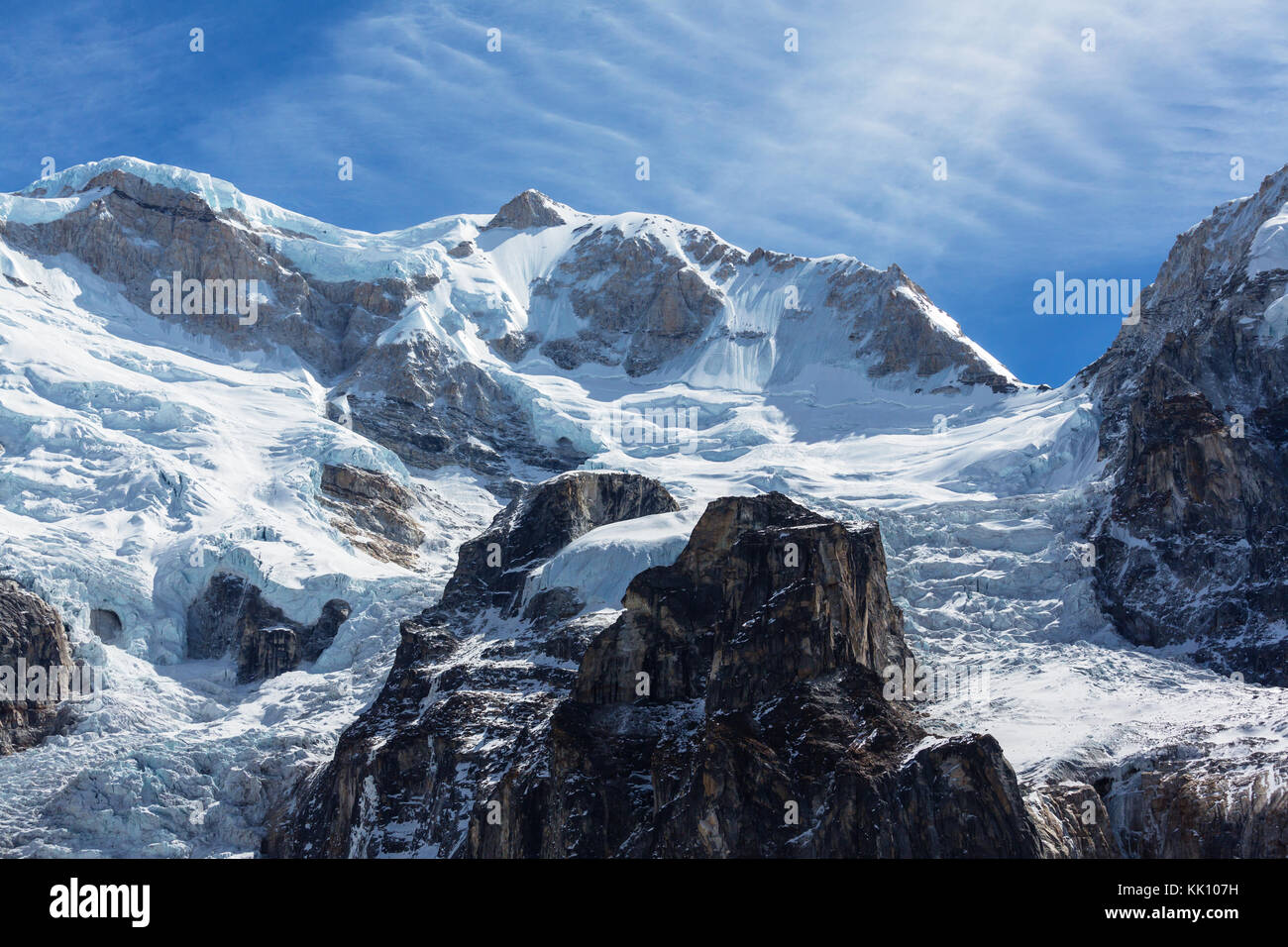 Vista panoramica delle montagne, regione di Kangchendzonga, HIMALAYA, Nepal. Foto Stock