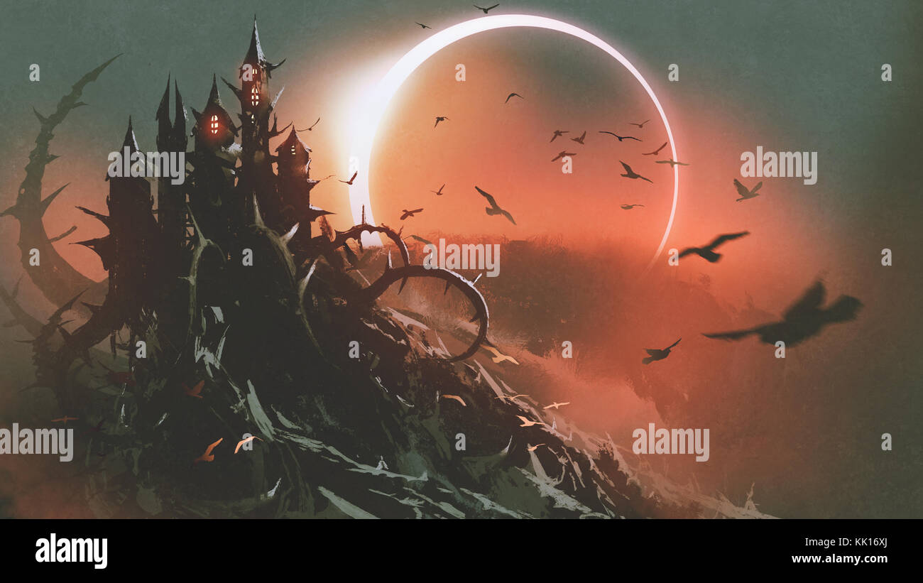 Scenario del castello di thorn con eclissi solare in dark red sky, arte digitale stile, illustrazione pittura Foto Stock