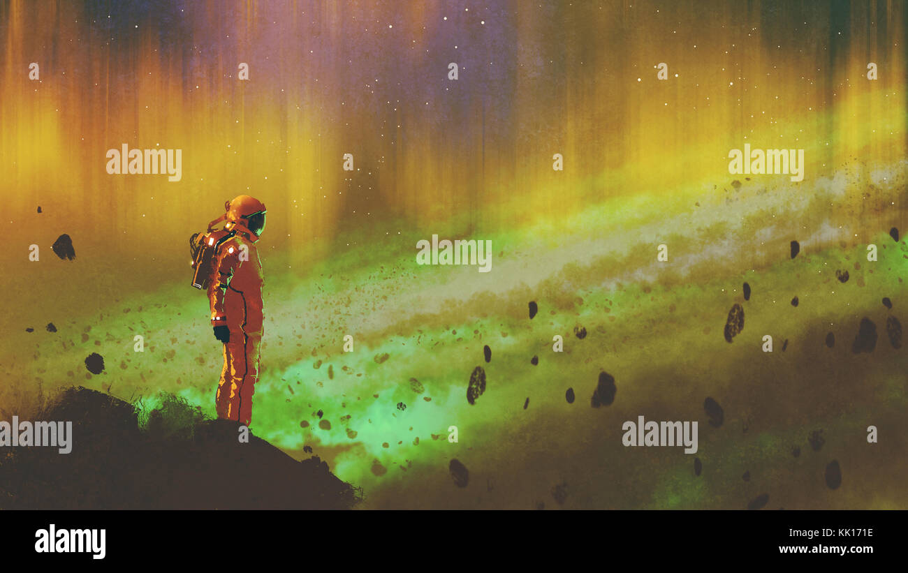 L'astronauta in piedi su una roccia nel stellato spazio esterno con luce colorata, arte digitale stile, illustrazione pittura Foto Stock
