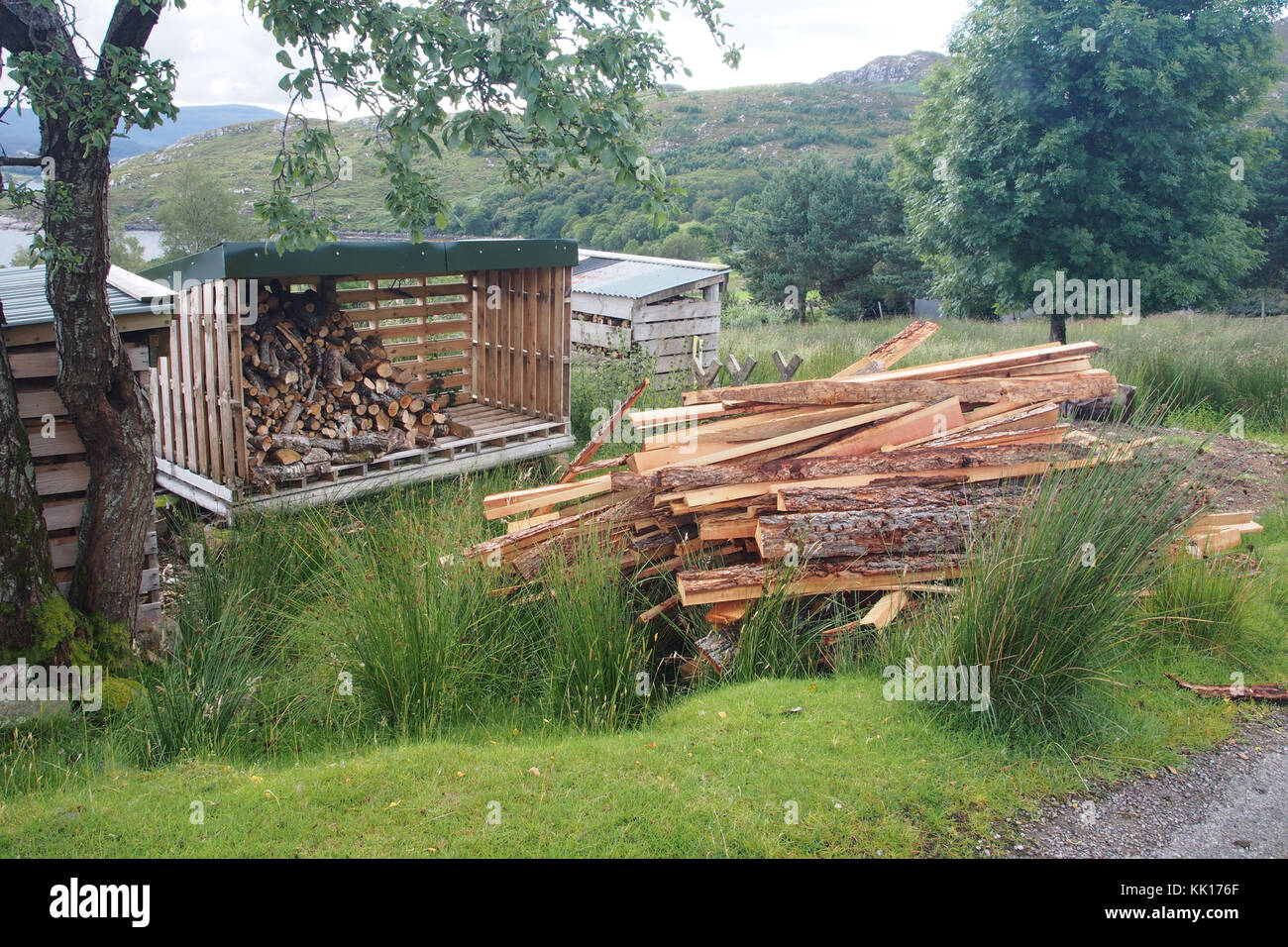 Baracche di legno e la pila di legno su un croft in Scozia Foto Stock