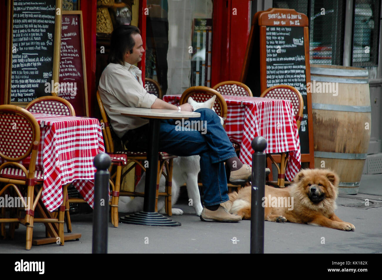 L uomo e i suoi cani di relax presso il bistro tabella a Parigi in attesa di essere servito Foto Stock