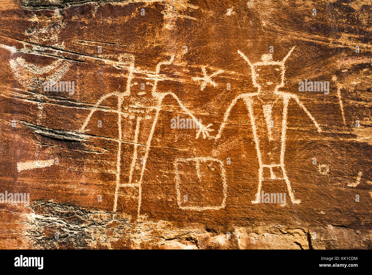 Native American incisioni rupestri, Fremont stile, nella forcella secco Canyon Ranch McConkie, vicino primaverile, Utah, Stati Uniti d'America Foto Stock