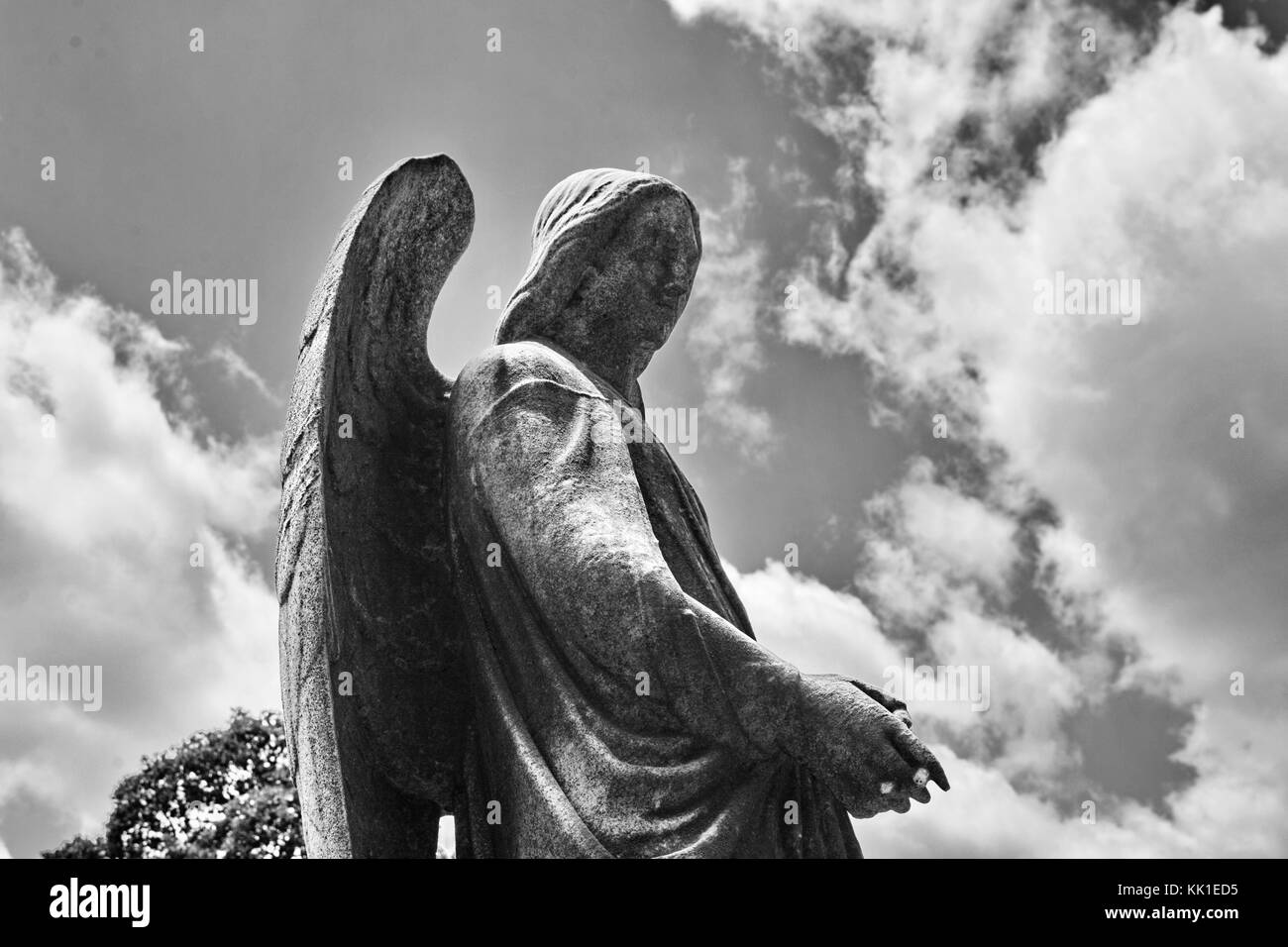 Un splendidamente scolpito angelo femmina si erge guarda sulla tomba di un fedele seguace. Foto Stock