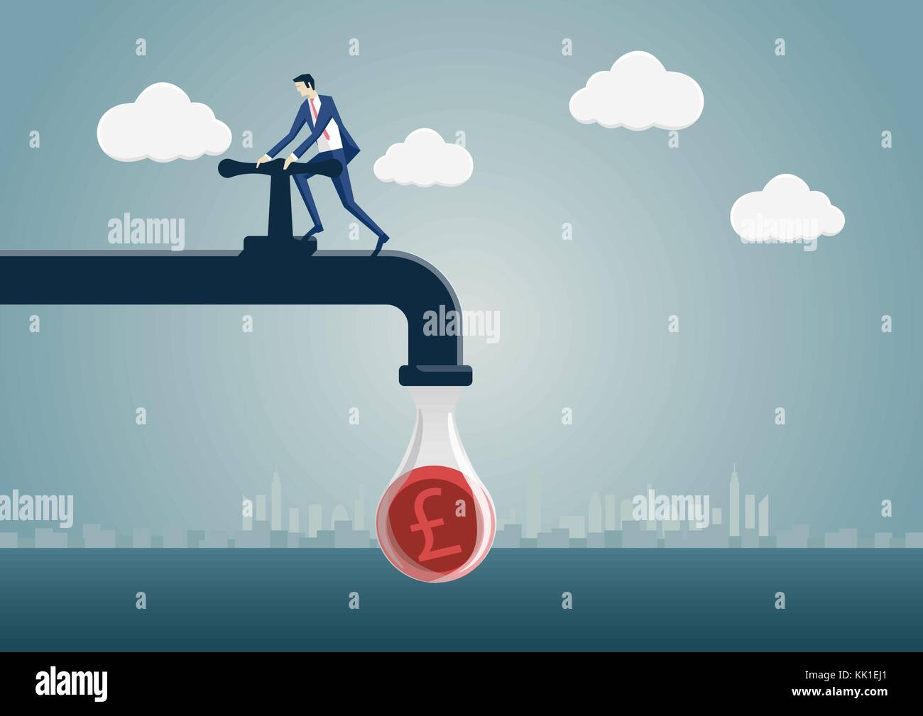 Business man la spremitura di una sterlina britannica al di fuori di un pipeline di denaro. illustrazione vettoriale di rubinetto e personaggio dei fumetti. concetto di riduzione, salvataggio, t Illustrazione Vettoriale