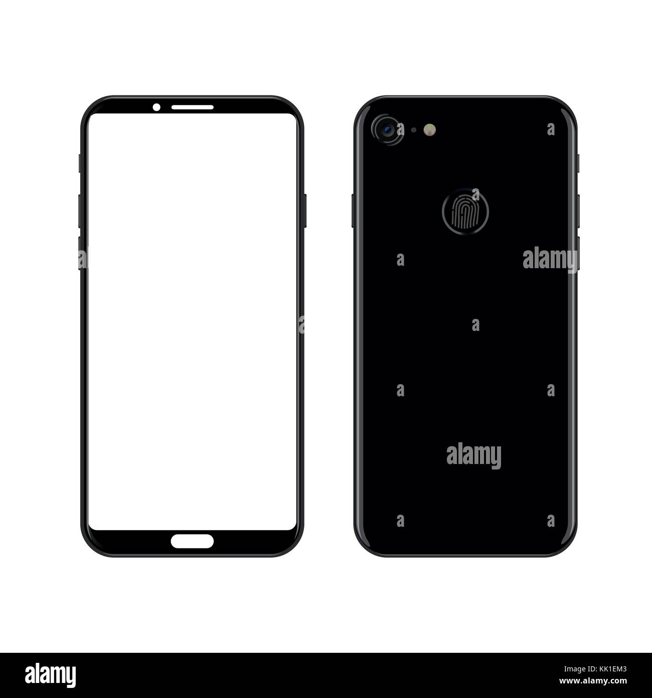 Il design dello smartphone concept. nero smart phone vista anteriore e posteriore isolato su sfondo bianco. Illustrazione Vettoriale