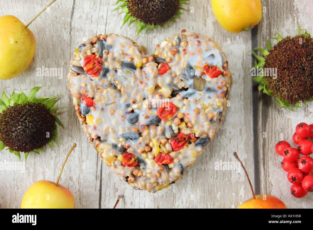 A forma di cuore ad bird feeder fatta con le bacche selvatiche, le sementi e il grasso fuso, sagomato in un cookie cutter, decorata con frutti di bosco, granchio mele e girasoli Foto Stock