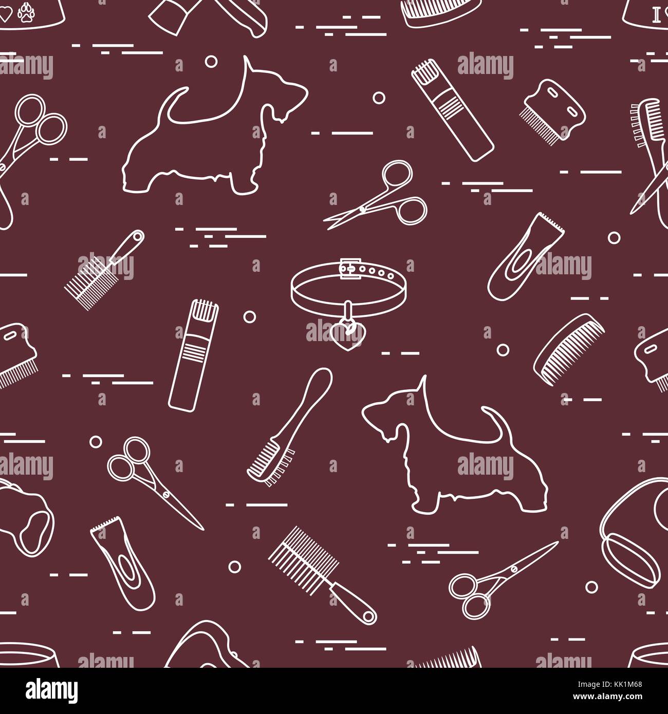 Modello con il cane, pettini, collare, guinzaglio, rasoio, asciugacapelli, ciotola, forbici. health care, toelettatura, prendersi cura di un cane, mostra. Illustrazione Vettoriale