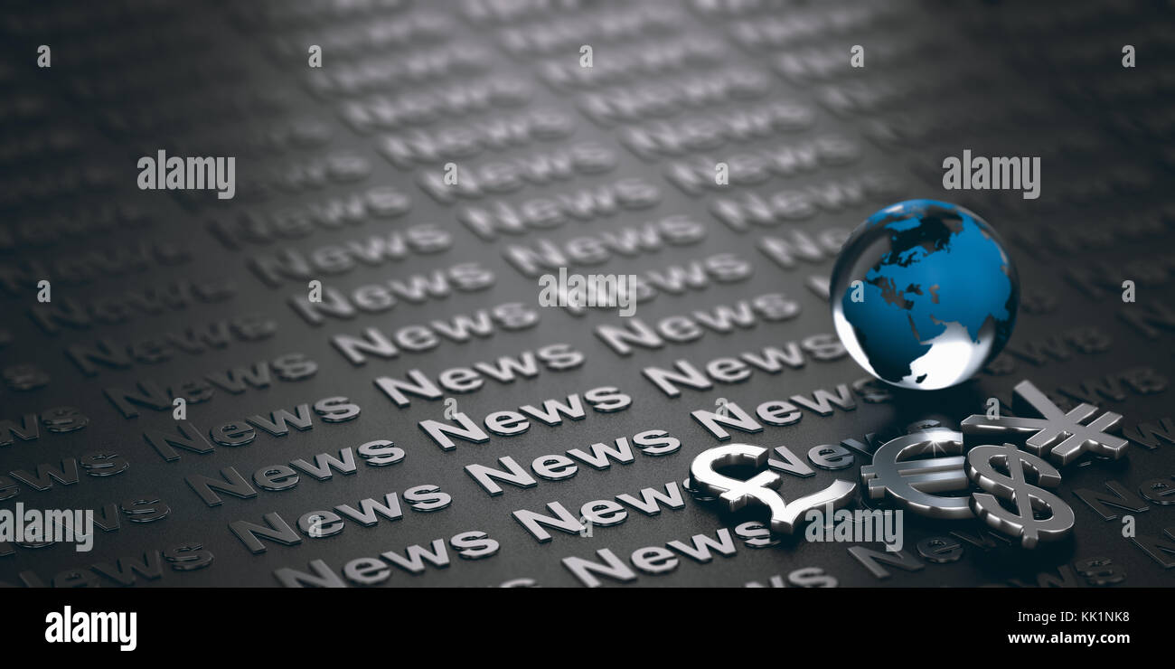 Valute principali simboli e globo di vetro su uno sfondo scuro dove è scritto la parola news. 3d illustrazione. concetto di finanza globale e marke Foto Stock