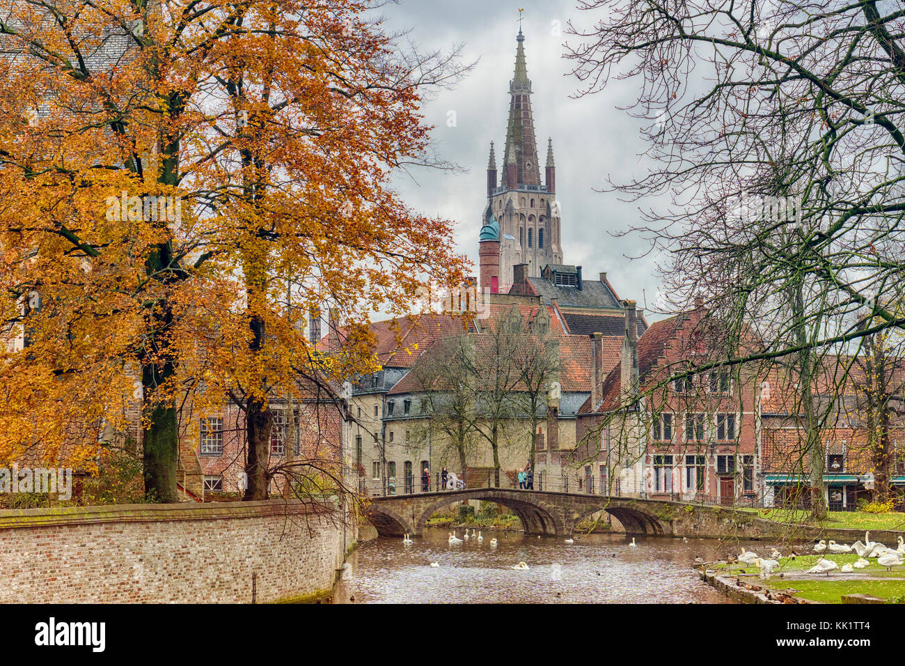 Vista autunnale del beguinage ponte e la chiesa di Nostra Signora torre lungo il canale di Bruges con cigni Foto Stock