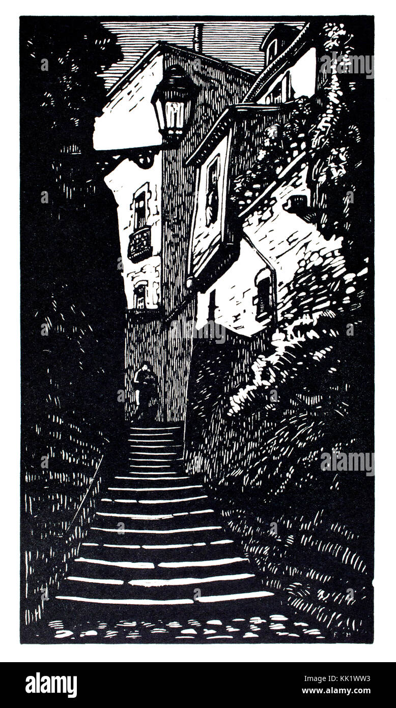 Rue de la Fontaine a Nevers, 1920s xilografia illustrazione dall artista francese Fernand Chalandre Foto Stock