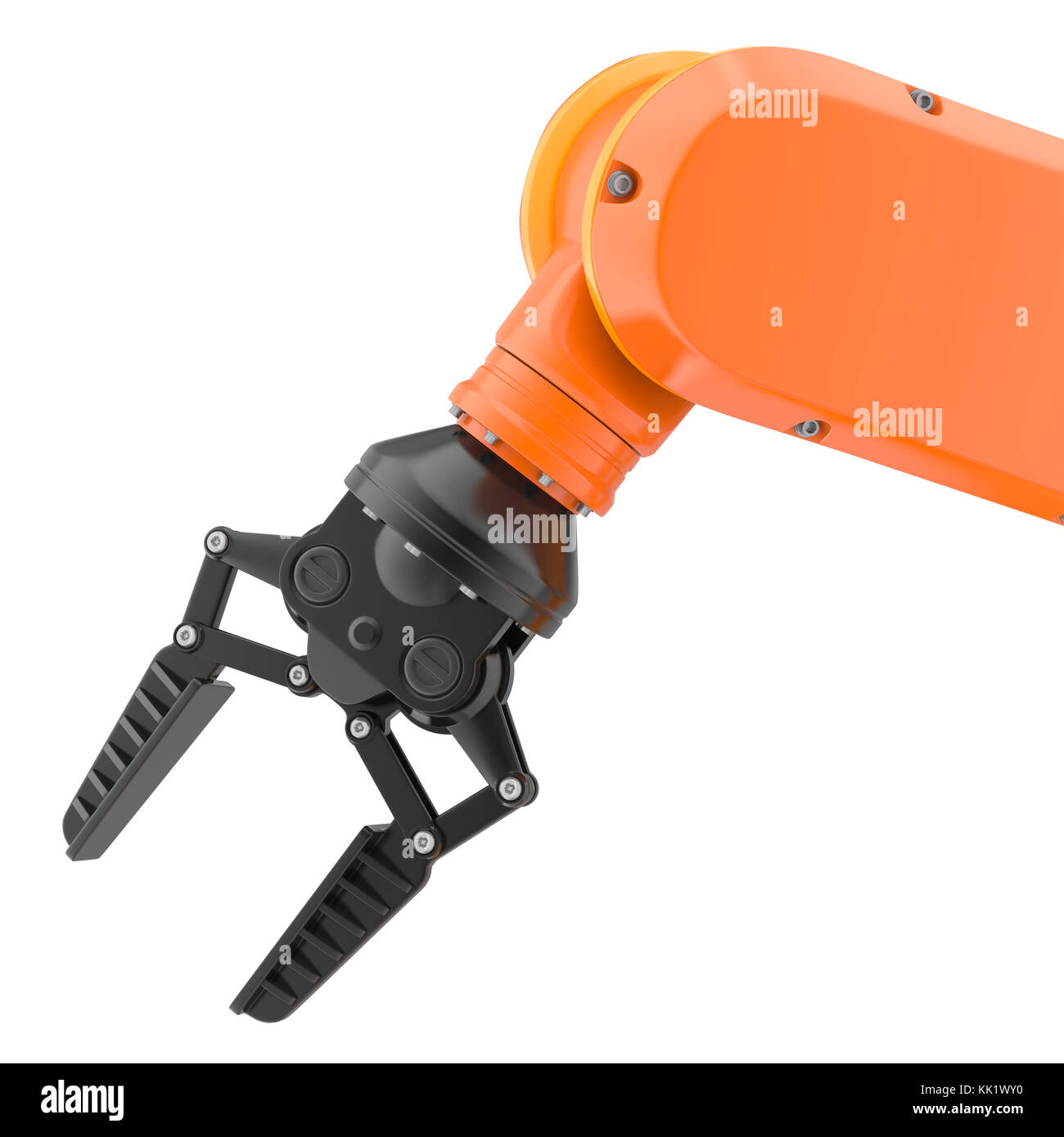 Robot industriale braccio isolato su bianco. 3d illustrazione Foto Stock
