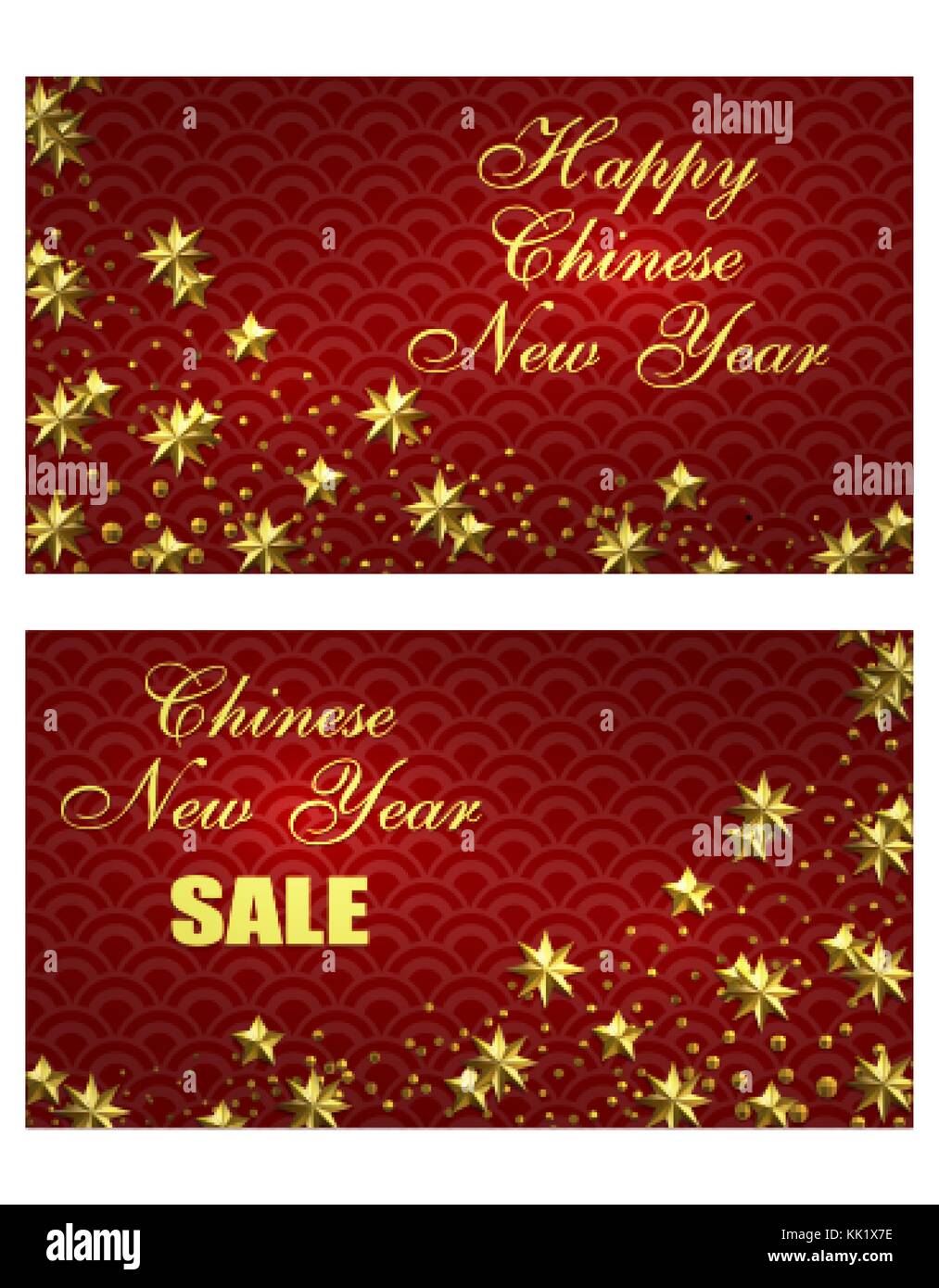 Anno nuovo cinese. flyer, biglietti da visita e inviti per la vendita. stilizzata di rame, bronzo stelle su uno sfondo di colore rosso. elogiativo iscrizione. illustrazione Illustrazione Vettoriale