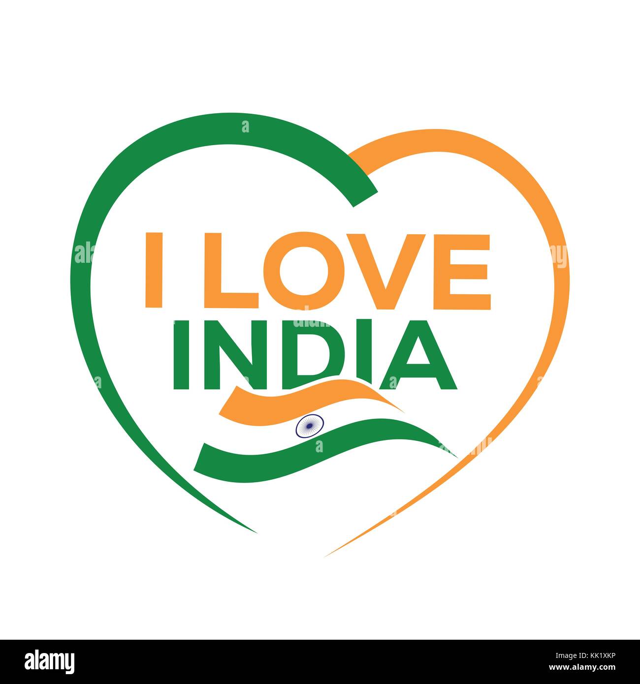 Io amo l'india con contorno di cuore e bandiera indiana, icona design, isolati su sfondo bianco. Illustrazione Vettoriale