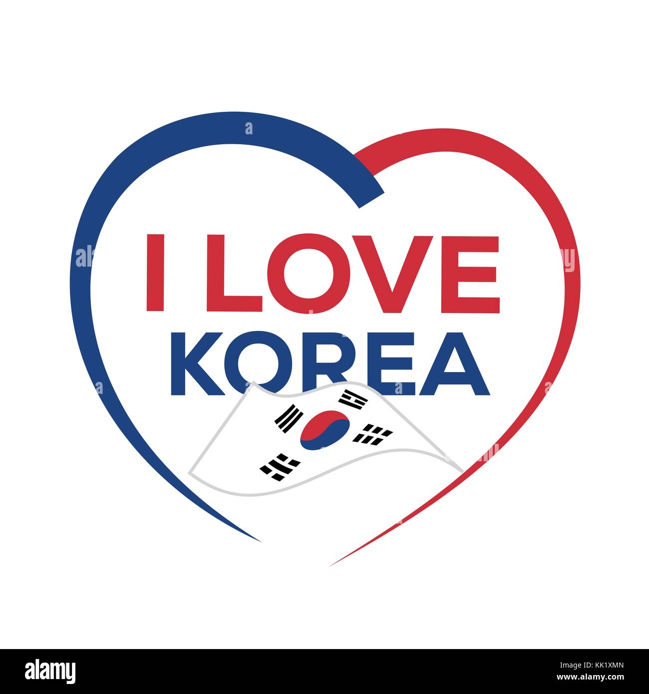 Io amo la corea del sud con contorno di cuore e Bandiera della Corea del Sud, icona design, isolati su sfondo bianco Illustrazione Vettoriale