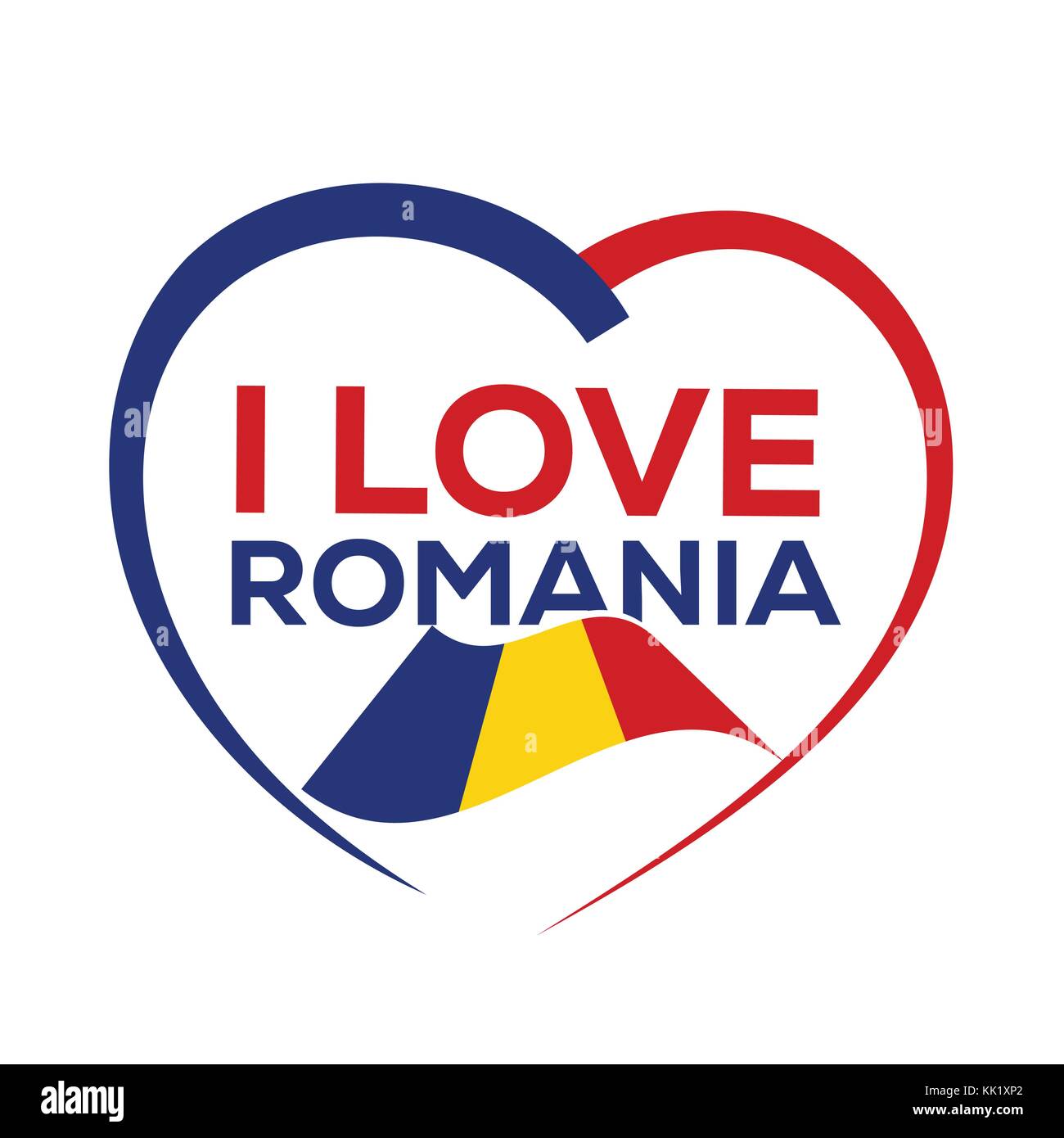 Io amo la Romania con contorno di cuore e bandiera rumena, icona design, isolati su sfondo bianco. Illustrazione Vettoriale
