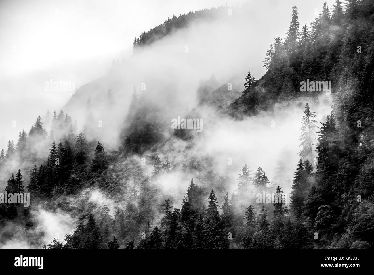 La nebbia o fumo sulla cima della montagna in bianco e nero Foto Stock