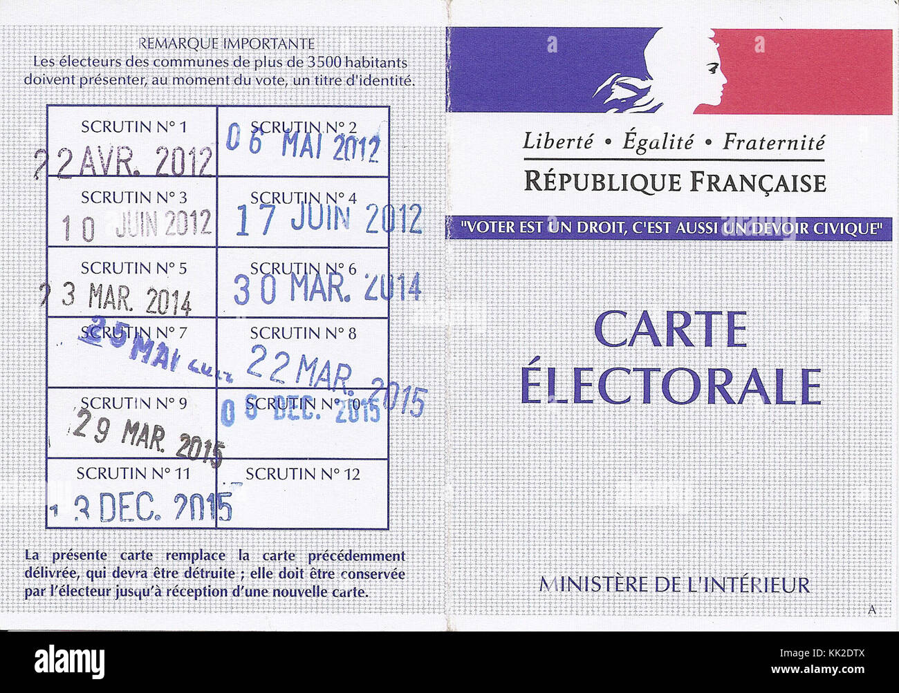 Questa carta di registrazione degli elettori stampata dalla Francia è un esempio della documentazione civica francese dei primi anni del XX secolo, utilizzata per scopi elettorali. Foto Stock